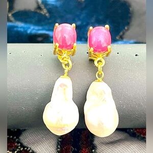 Star Ruby Baroque Pearl 14KGP Earrings
